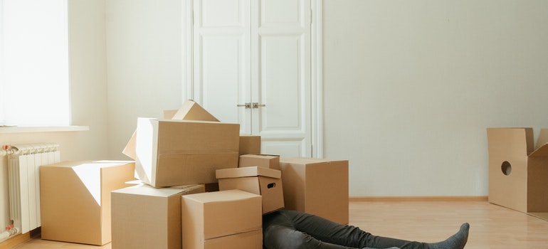 A person under moving boxes
