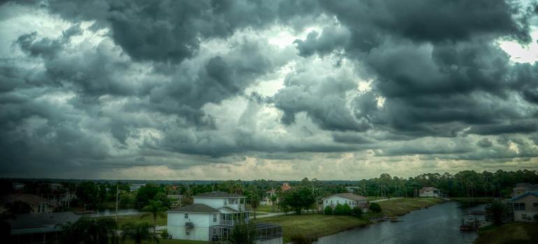 stormy cloudy weather over a town in florida