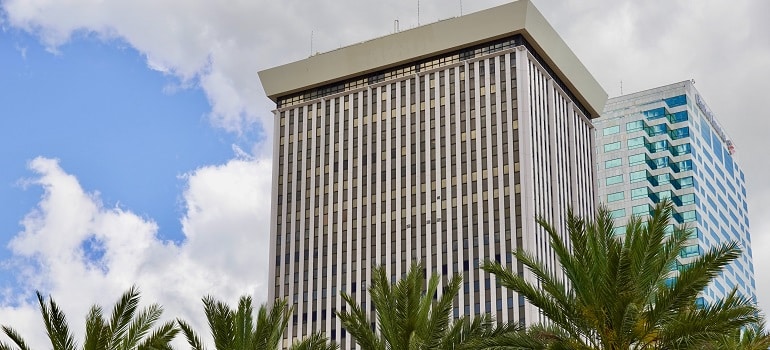 a building and palm trees